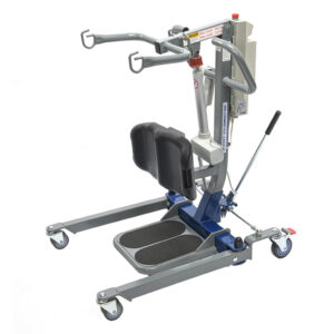 Sit to stand assist devices helping elderly woman safely stand with caregiver support