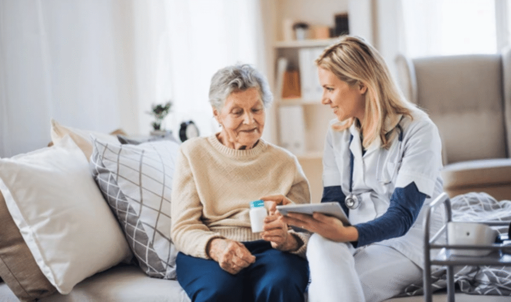 Elderly care at home with mobility aid walker and supportive equipment
