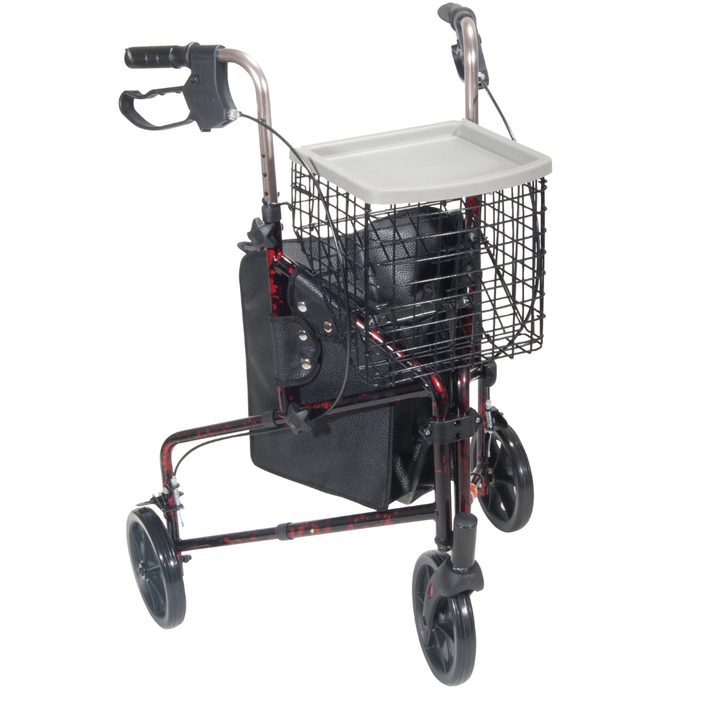 Drive Medical Three Wheel Walker – Lightweight Folding Rollator with Basket, Tray, and Pouch